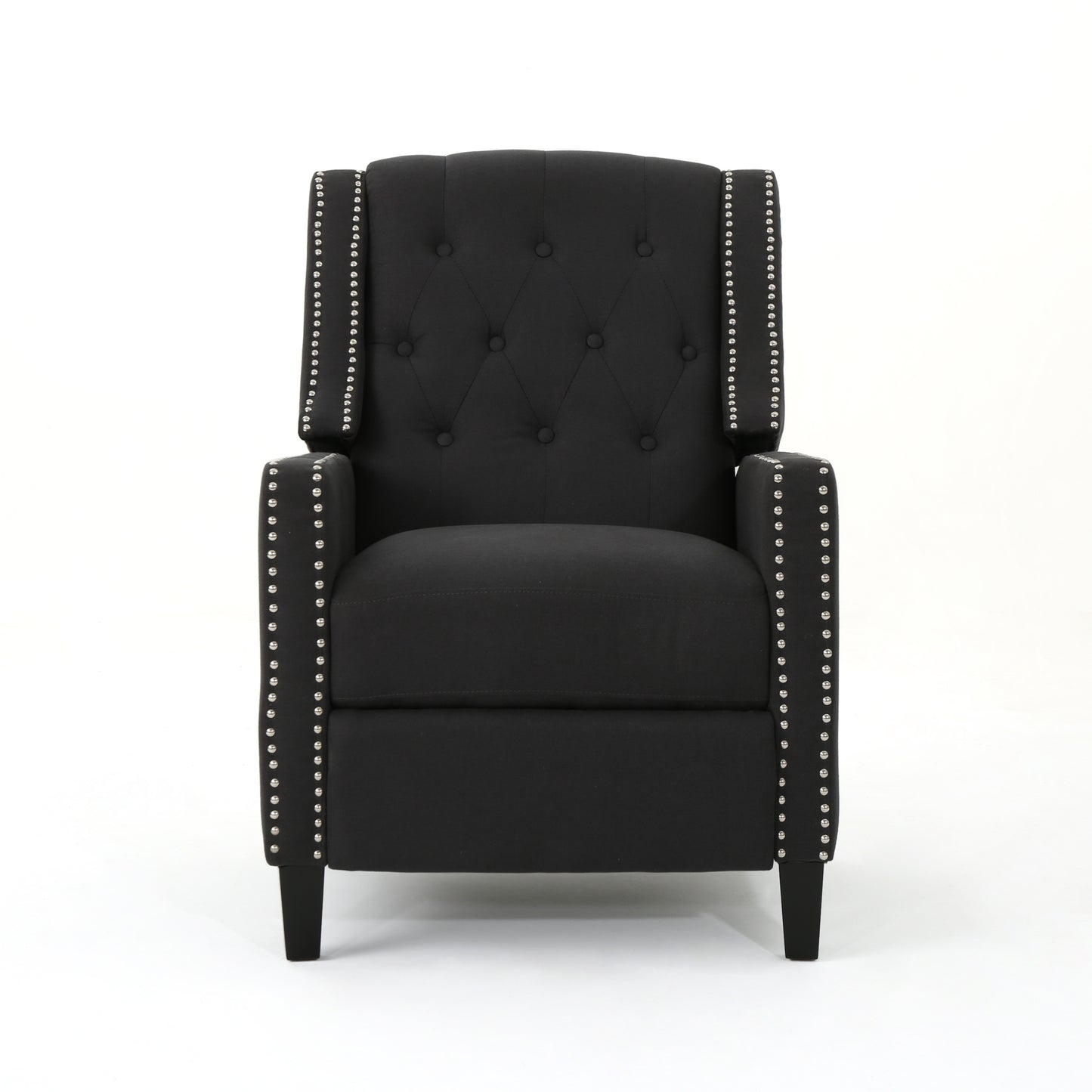 Classic Dark Grey Fabric Push Back Chair with Riveted Armrests and Birch Wood Legs