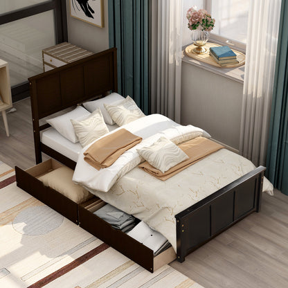 Espresso Twin Size Platform Bed with Dual Under-Bed Drawers on Wheels