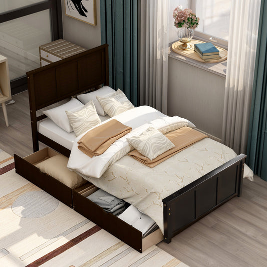 Espresso Twin Size Platform Bed with Dual Under-Bed Drawers on Wheels