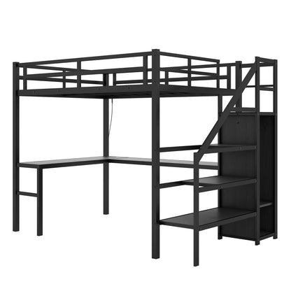 Twin XL Metal Loft Bed with L-shaped Desk, USB Charging Station, Wardrobe, and LED Lights - Stylish Space-Saving Solution for Teens and Adults in Black