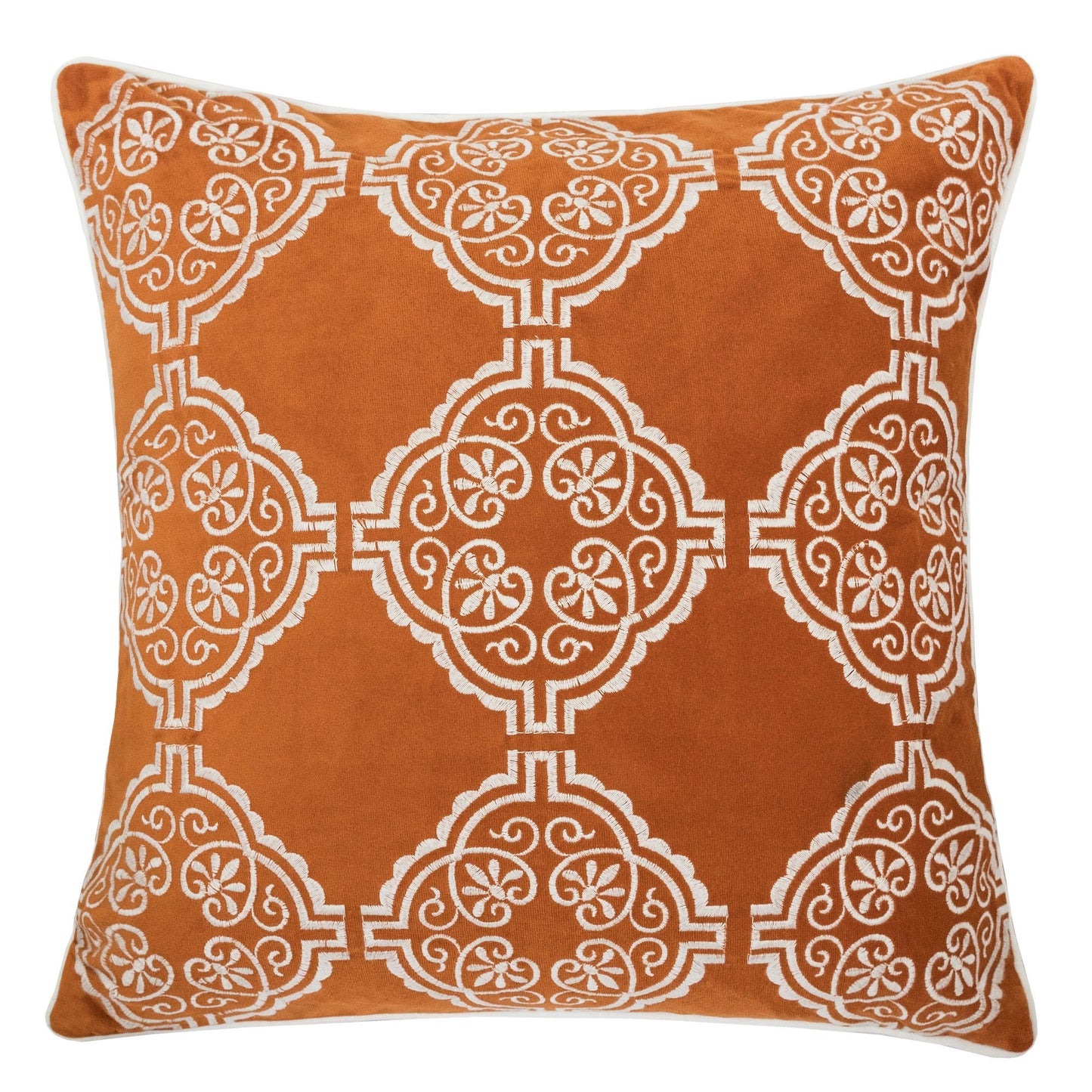 20x20 Boho Throw Pillow with Damask Embroidery, Velvet, Zipper Closure, Sofa or Bed Burnt Orange