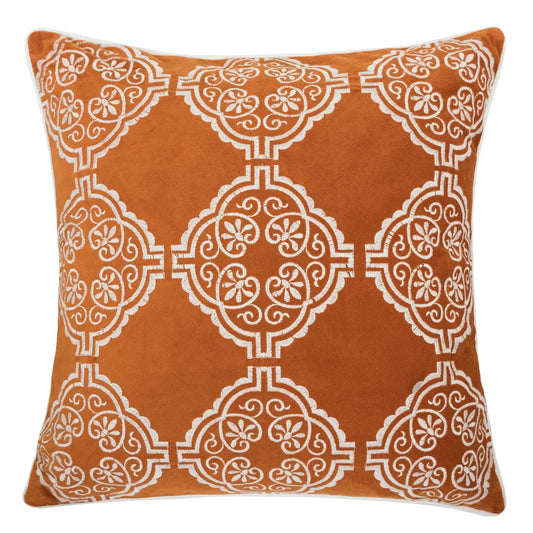 20x20 Boho Throw Pillow with Damask Embroidery, Velvet, Zipper Closure, Sofa or Bed Burnt Orange
