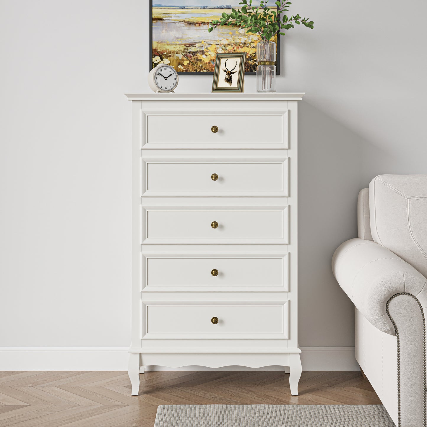 Modern 5-Drawer Dresser with Solid Wood Legs and Chic White Finish for Stylish Storage Solutions