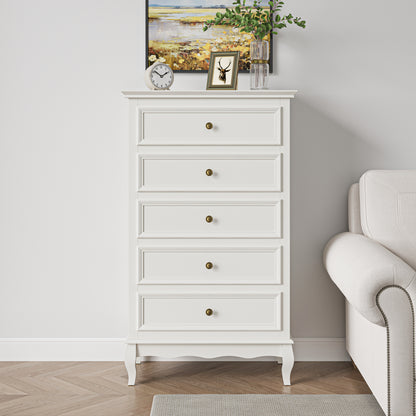 Modern 5-Drawer Dresser with Solid Wood Legs and Chic White Finish for Stylish Storage Solutions