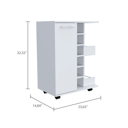 Stylish 32 Inch White Bar Coffee Cart With Storage Cabinet