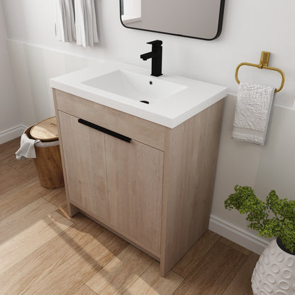 30-Inch Light Oak Freestanding Bathroom Cabinet with Soft-Close Doors & Integrated Resin Sink