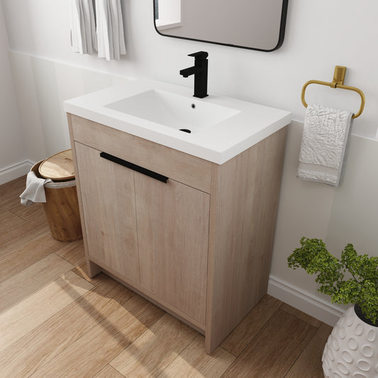 30-Inch Light Oak Freestanding Bathroom Cabinet with Soft-Close Doors & Integrated Resin Sink