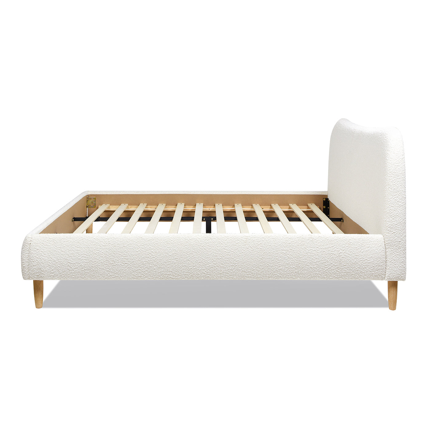 Ivory White Boucle King Platform Bed with Curved Upholstered Headboard