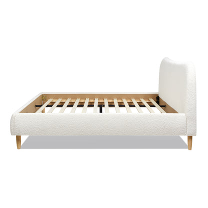 Ivory White Boucle King Platform Bed with Curved Upholstered Headboard
