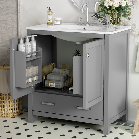 30-Inch Modern Gray Bathroom Vanity with Undermount Sink, Elegant Storage Cabinet Featuring Soft-Close Doors and Multifunctional Design
