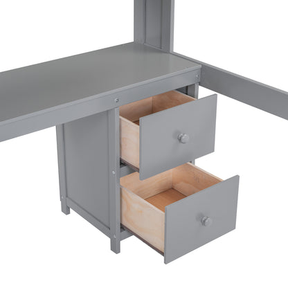 Gray Full Size Loft Bed with Integrated Desk, Storage Solutions, and Charging Station