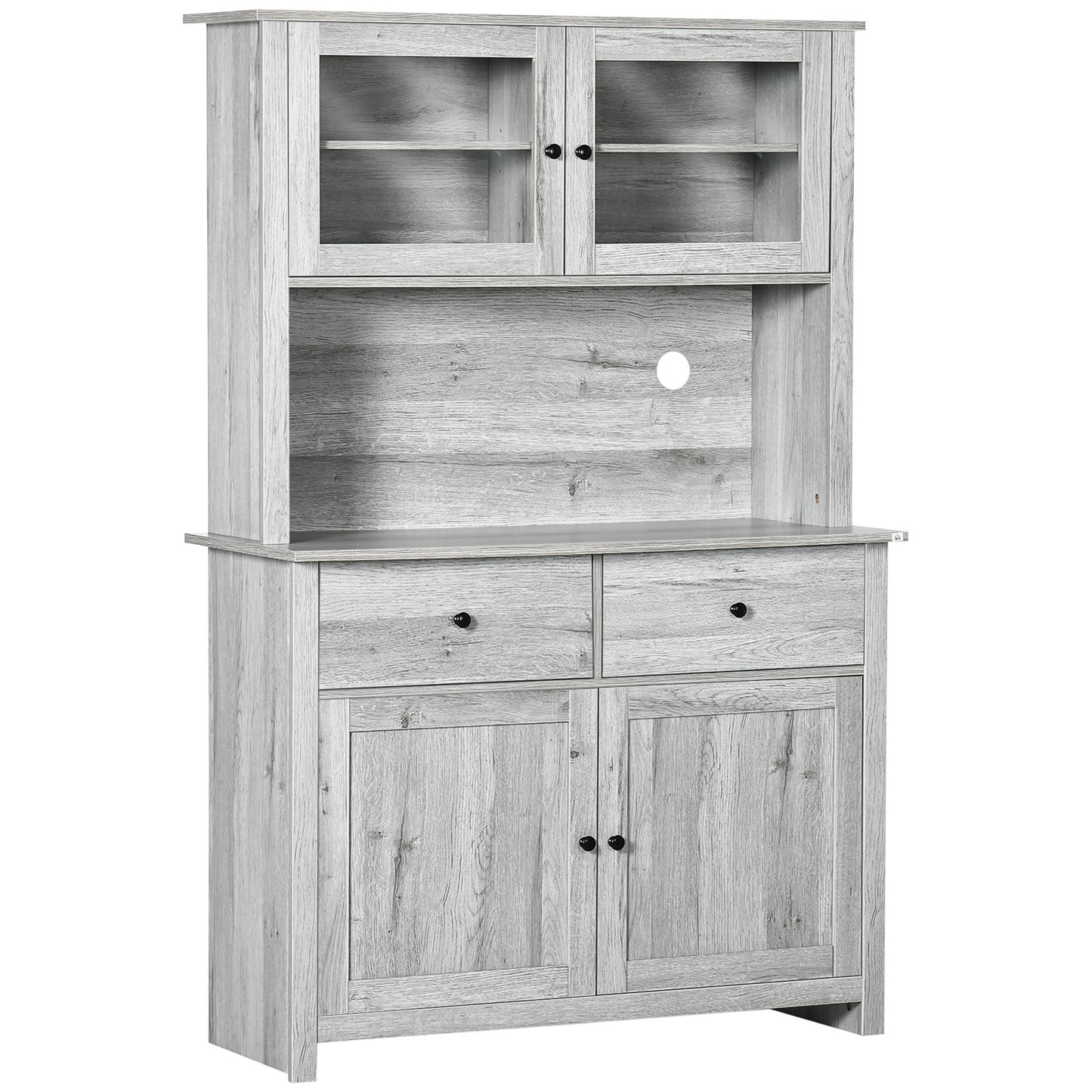 Rustic Ash Grey Kitchen Pantry Buffet with Adjustable Shelves and Glass Doors