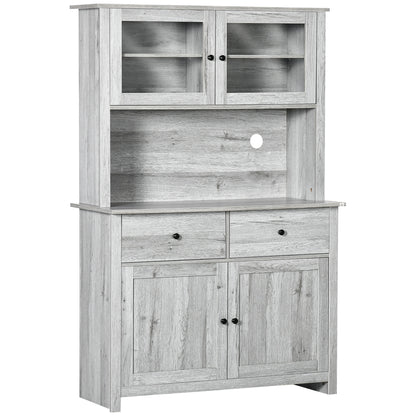 Rustic Ash Grey Kitchen Pantry Buffet with Adjustable Shelves and Glass Doors