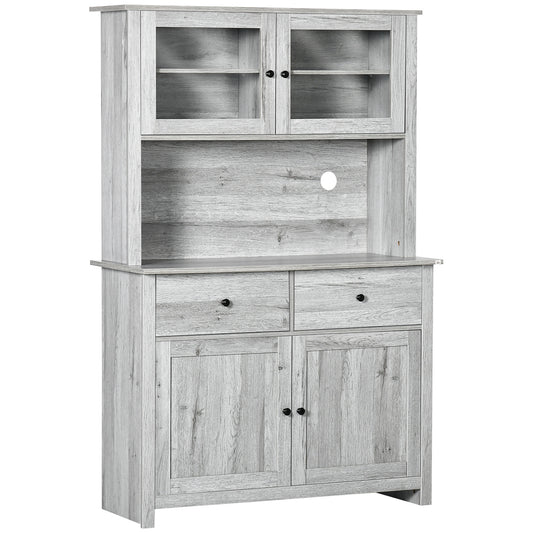 Rustic Ash Grey Kitchen Pantry Buffet with Adjustable Shelves and Glass Doors