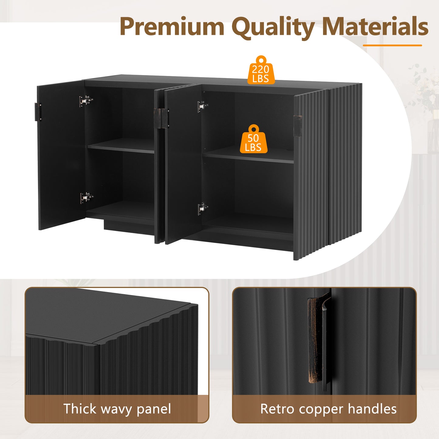 TREXM 4 Wavy Doors Ample Storage Space Sideboard with Adjustable Shelves and Retro Copper Handles for Dining Room and Living Room (BLACK)