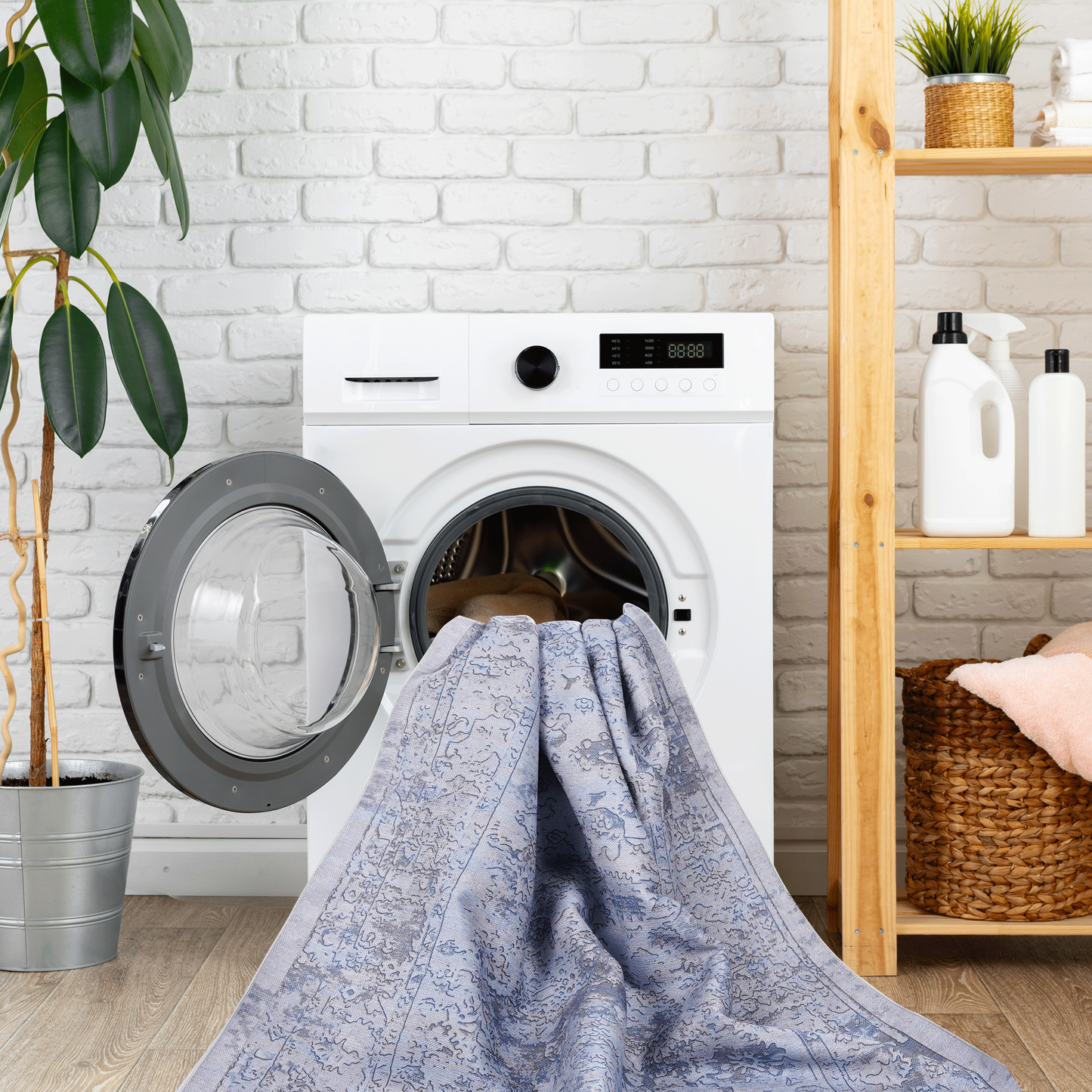 8x10 Machine-Washable Area Rug, Low-Pile, Non-Slip, Foldable, Kid & Pet Friendly - Blue & Cream