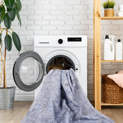 8x10 Machine-Washable Area Rug, Low-Pile, Non-Slip, Foldable, Kid & Pet Friendly - Blue & Cream