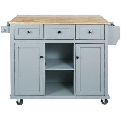 Multi-Functional Kitchen Island Cart with Rubber Wood Drop-Leaf Top, Storage Drawers, and Adjustable Shelving in Grey Blue