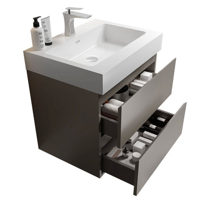 Modern 24" Gray Wall-Mounted Bathroom Vanity with Large Storage and Sleek White Sink Basin