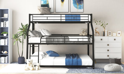 Metal Triple Bunk Bed in Black for Twin XL, Full XL, and Queen Sizes with Dual Ladders and Full-Length Guardrails