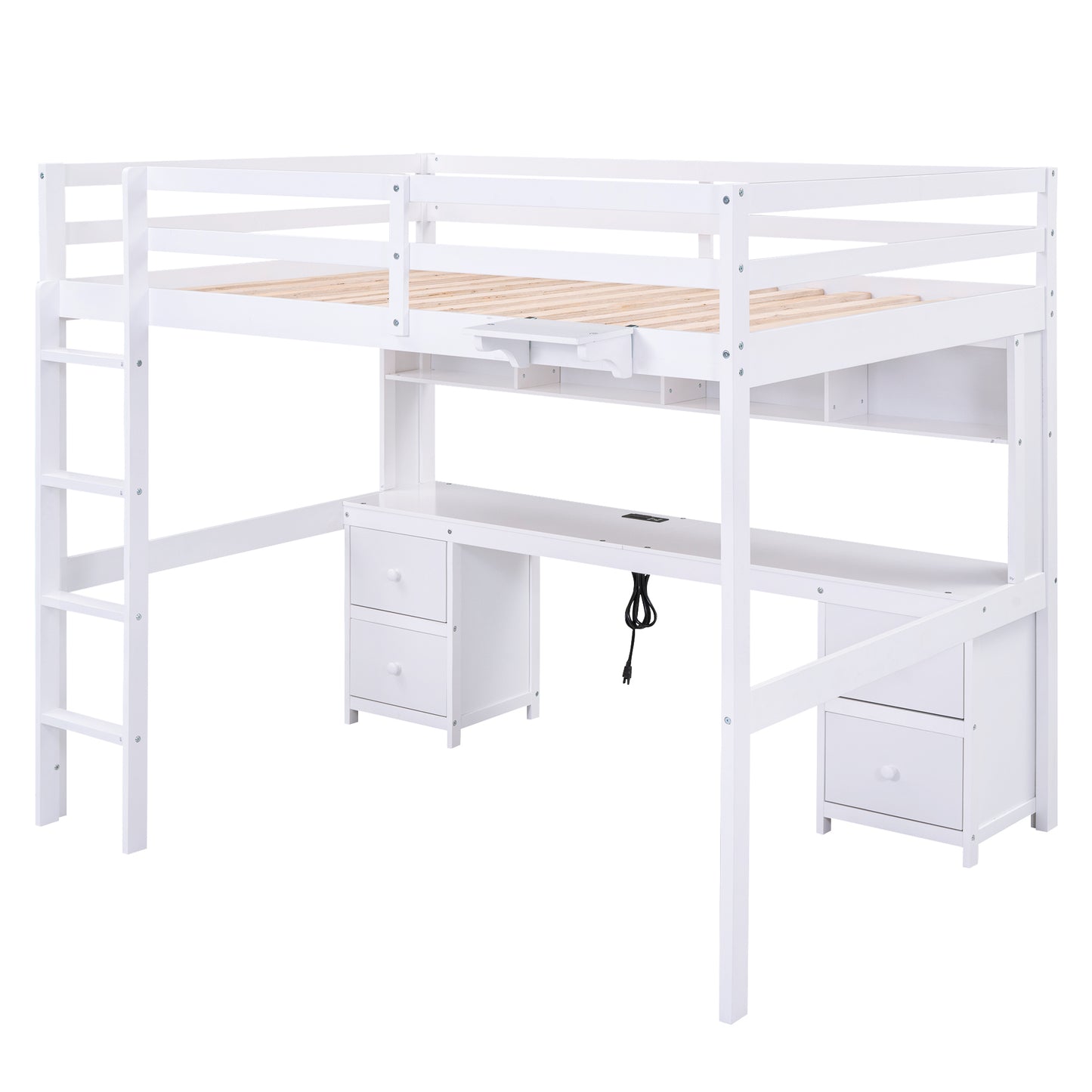 White Full Size Loft Bed with Integrated Desk, Storage Drawers, Bedside Tray, and Charging Station
