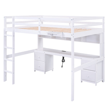 White Full Size Loft Bed with Integrated Desk, Storage Drawers, Bedside Tray, and Charging Station