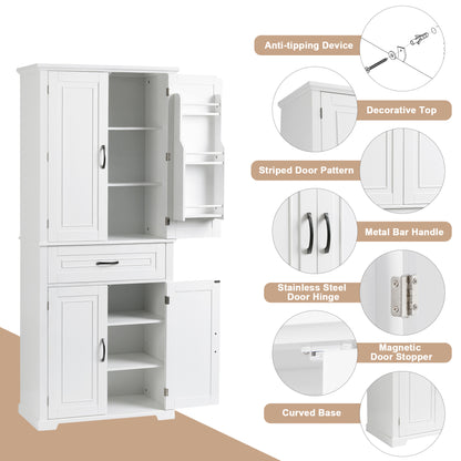 Tall White Bathroom Storage Cabinet with Adjustable Shelf and Drawer, Versatile Multi-Functional Organizer