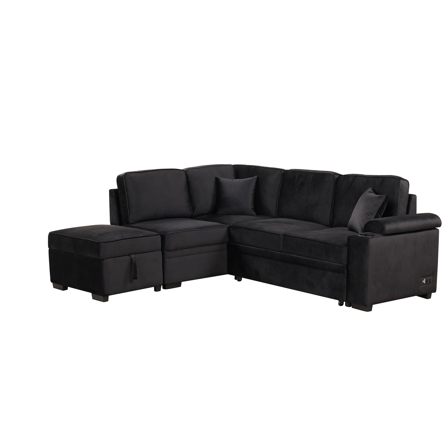 L-Shaped Velvet Sofa Bed with Storage Ottoman, 84.75in, 1000lb Capacity, Modern Convertible Black