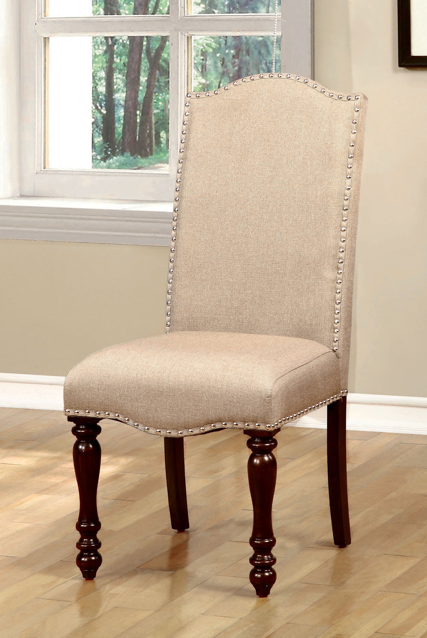 Set of 2 Contemporary Transitional Chairs, Padded Fabric, Solid Wood, Turned Legs, Beige + Antique Cherry
