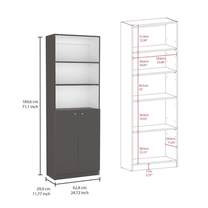 Modern 2-Door Storage Bookcase with Open Shelves - Matt Gray / White - Office Furniture