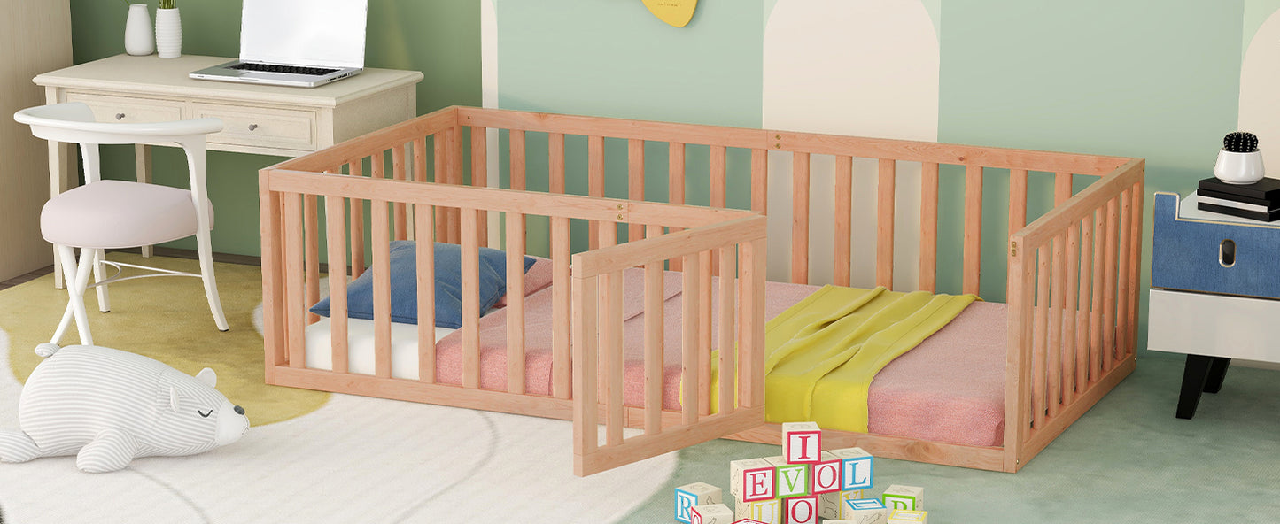 Natural Twin Size Wooden Floor Bed Frame with Playful Fence and Door