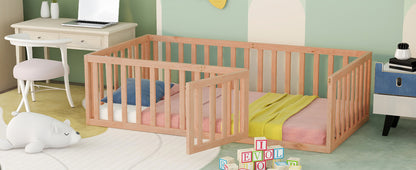 Natural Twin Size Wooden Floor Bed Frame with Playful Fence and Door