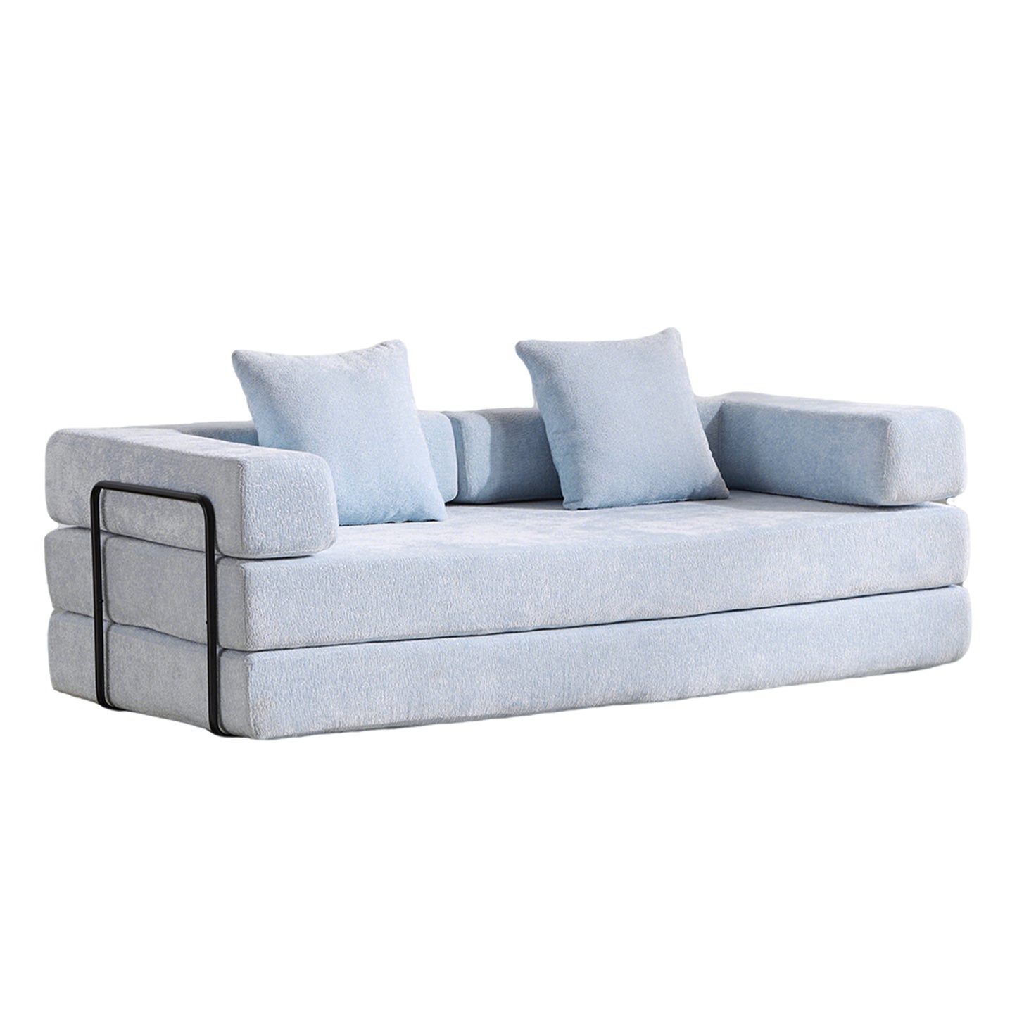 76-Inch Convertible Floor Sofa Bed, 3-Seat Futon, Chenille Cushions, Living Room/Bedroom, Light Blue
