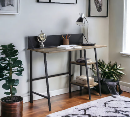 Modern Rustic Oak Writing Desk with Black Metal Legs and Storage Shelves