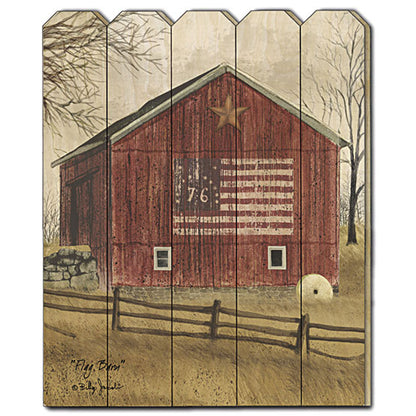Vertical Wall Art - Flag Barn Print on Wood Picket Fence, 20in H x 16in W, Paper Artwork Living Room Multicolor