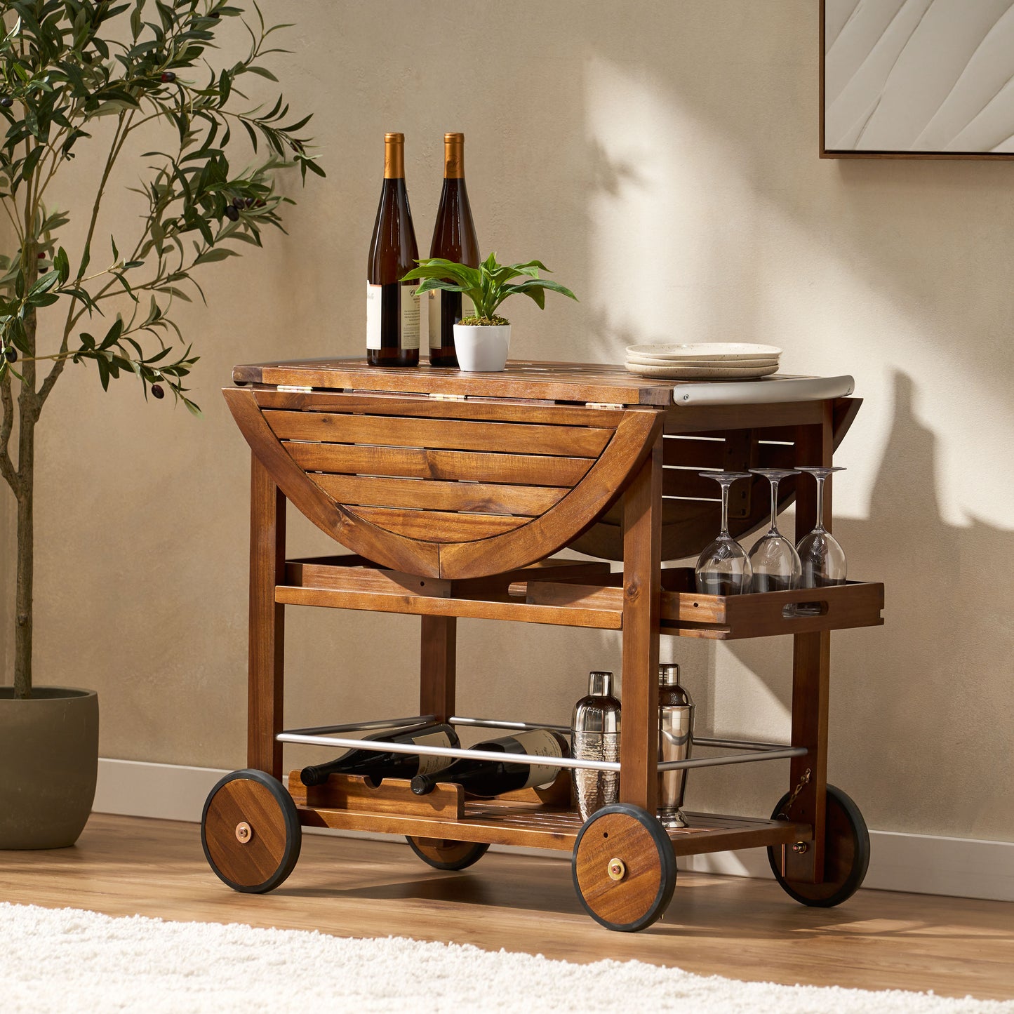 Tillary Drop Leaf Outdoor Bar Cart With Wine Rack Oak Finish