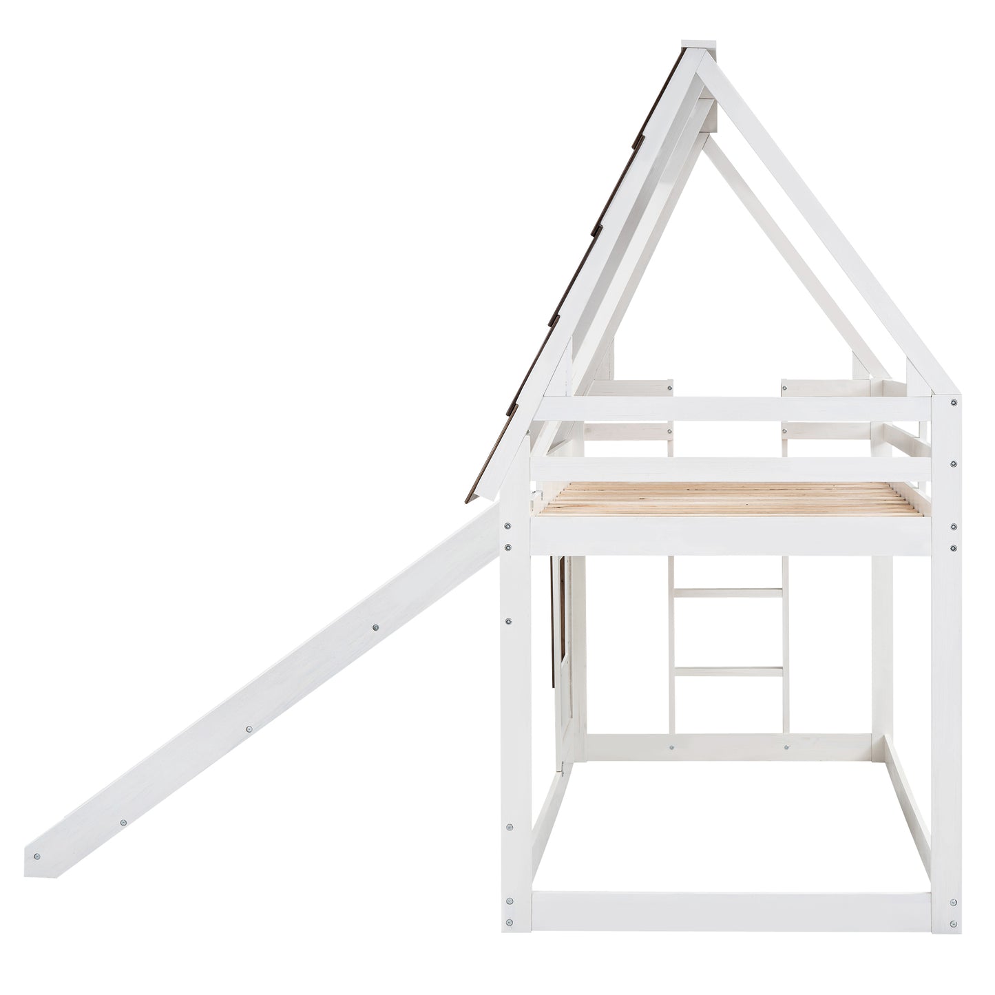 Wooden Twin House Bunk Bed with Roof, Ladder, and Slide in White and Brown