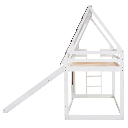 Wooden Twin House Bunk Bed with Roof, Ladder, and Slide in White and Brown