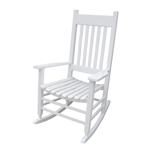 Solid Populus Wood Outdoor Porch Rocker Chair With Slatted Back For Front Porch Comfort White