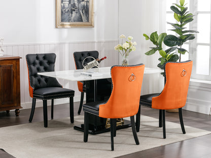 Modern Tufted Wood Dining Chair Set with PU Leather and Velvet Upholstery, Wood Legs, 2-Pcs Black/Orange