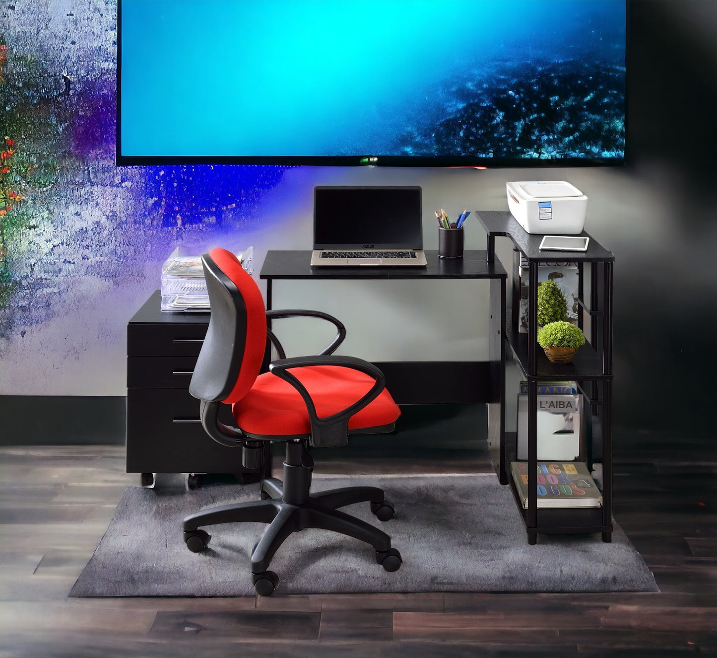 L-Shaped Black Writing Desk with Multi-Tiered Storage