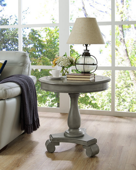 Transitional Round Wood Pedestal Side Table, 26-In Diameter, 26.5-In Height, Solid Wood, Gray