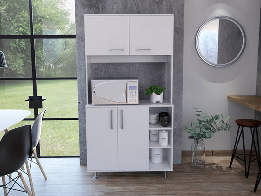 Modern White Freestanding Double Door Pantry Cabinet with Adjustable Legs and Open Shelving