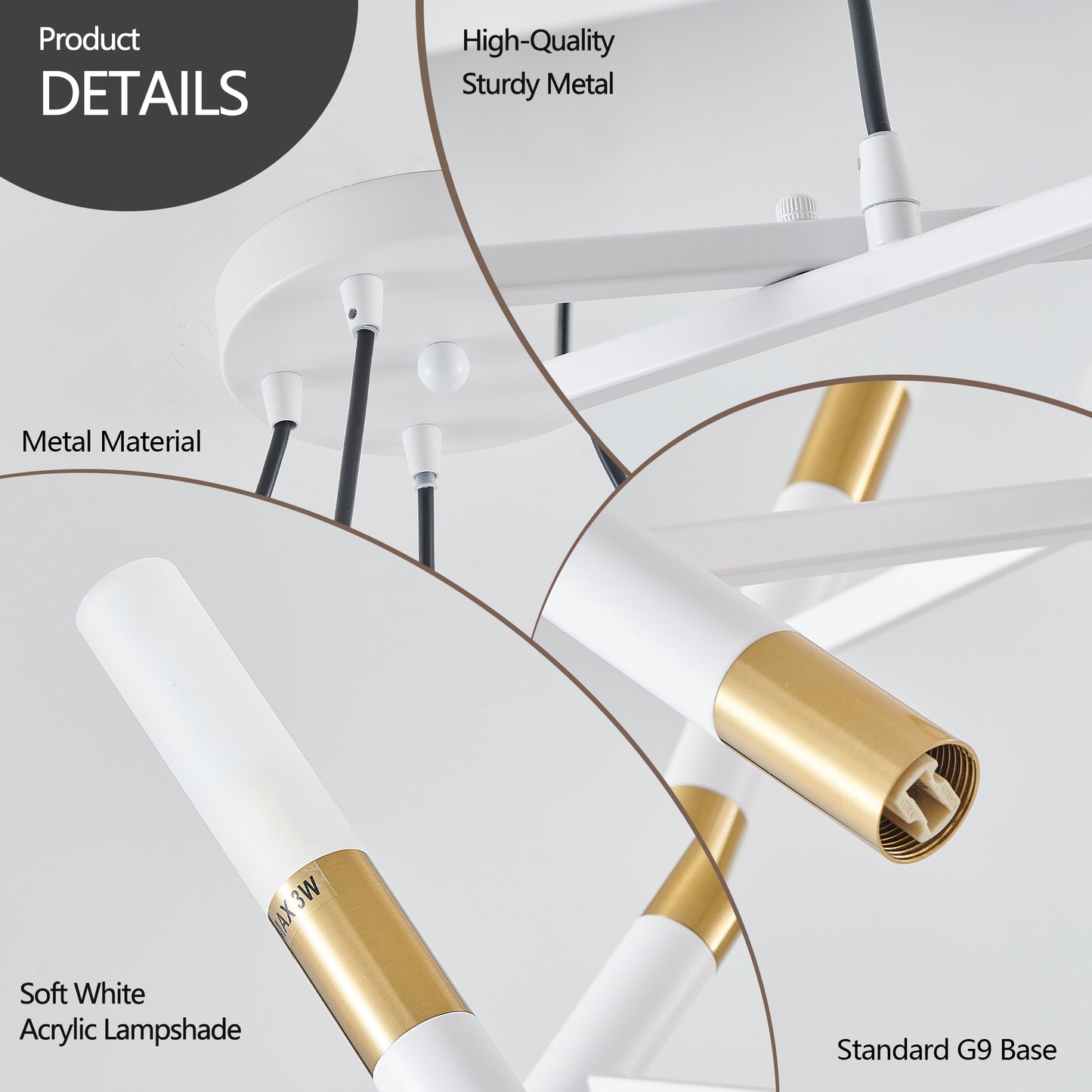 Branch Chandelier, Frosted Tubes, Adjustable Height, Dining Room or Kitchen Island White & Golden