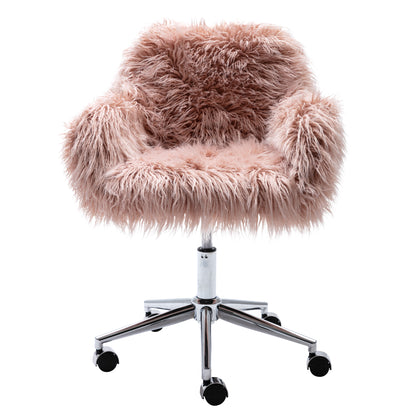 Chic Pink Faux Fur Makeup Vanity Chair with Adjustable Height and Chrome Base