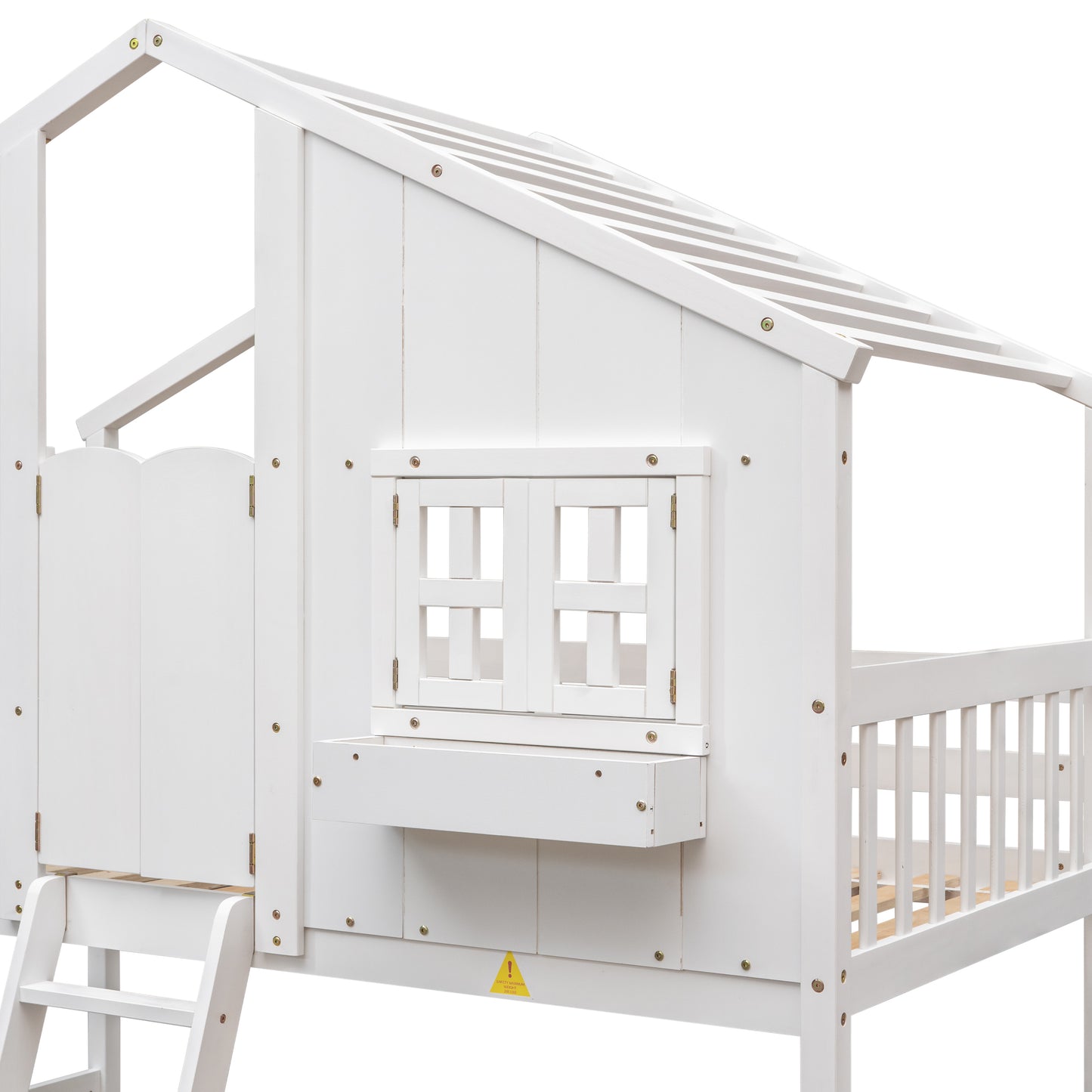 Charming Twin Over Twin House Bunk Bed with Roof and Window Features, Safety Guardrails and Ladder, White