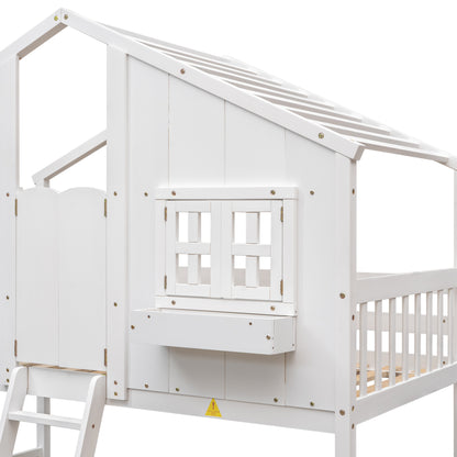 Charming Twin Over Twin House Bunk Bed with Roof and Window Features, Safety Guardrails and Ladder, White