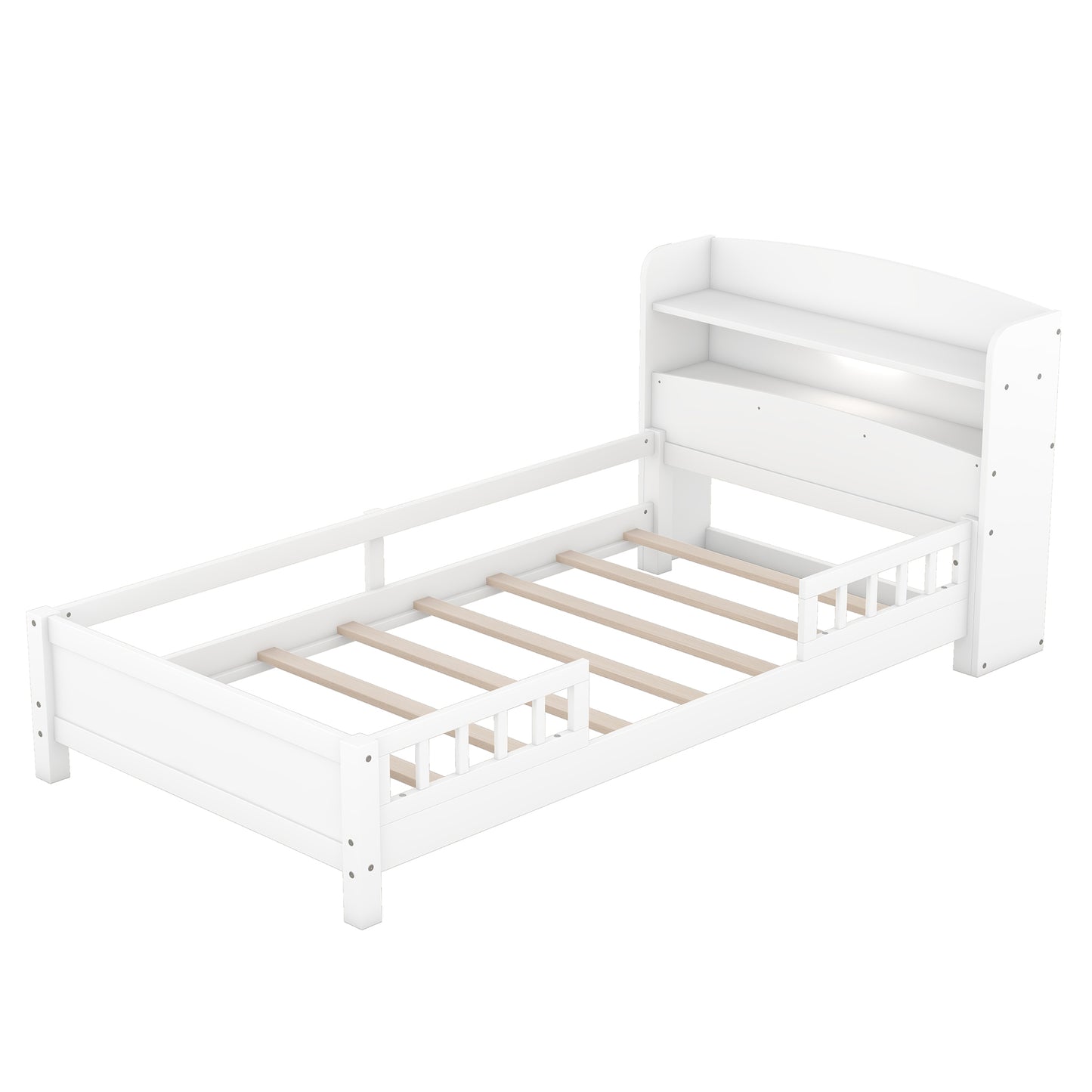 Contemporary Twin Wooden Platform Bed with LED Headboard Storage and Safety Guardrails in White