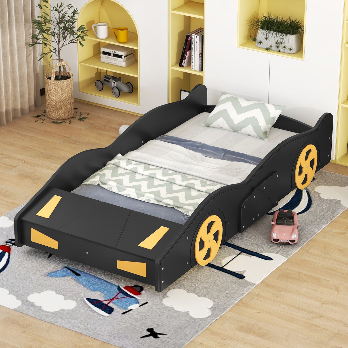 Twin Size Race Car Platform Bed with Storage and Wheels in Black and Yellow