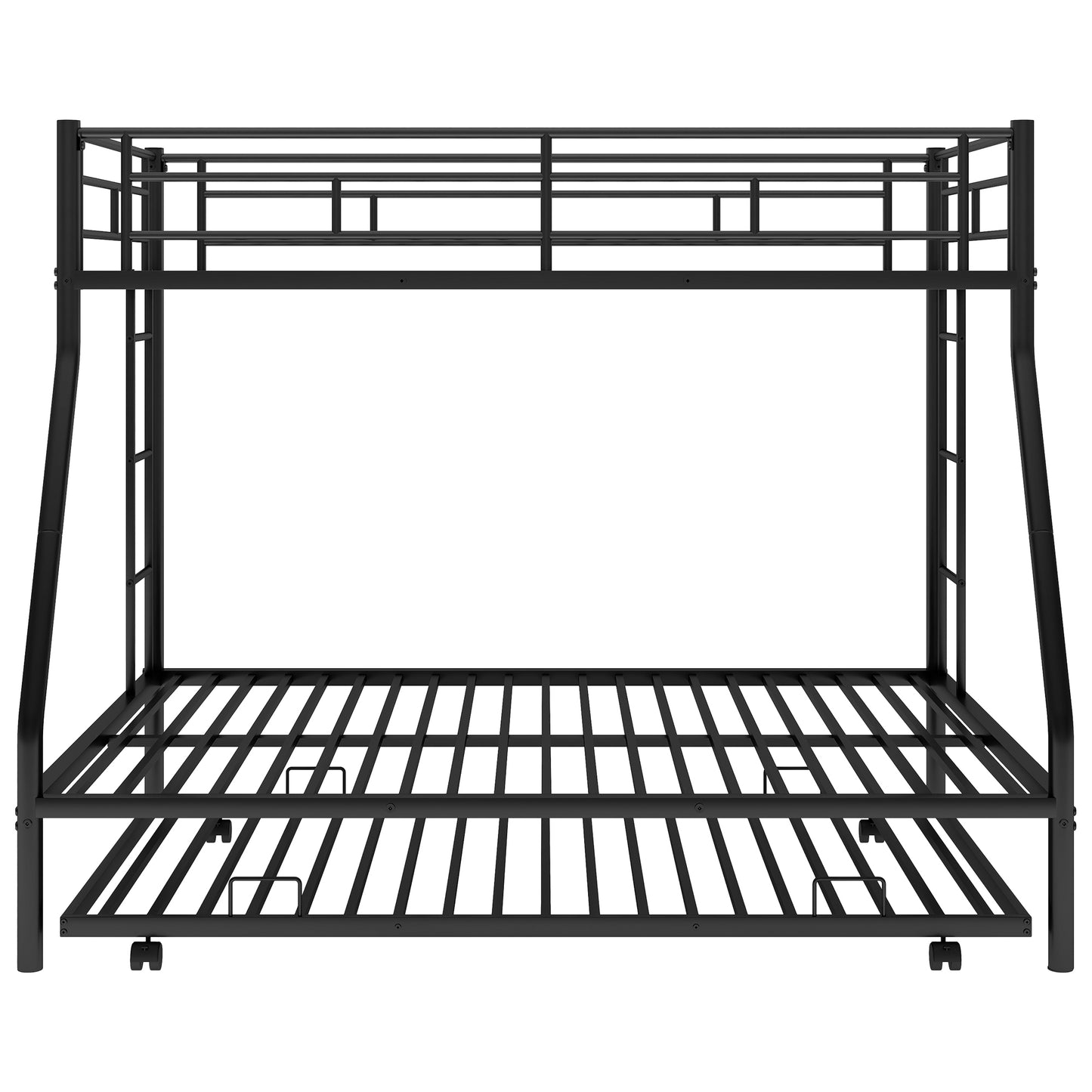 Stylish Twin over Full Bunk Bed with Twin Trundle and Dual Ladders - Sturdy Steel Frame in Black
